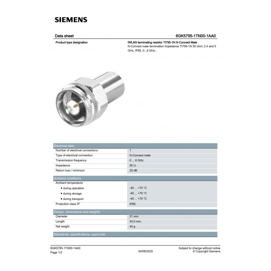 Siemens 6GK5795-1TN00-1AA0 50 Ohm N Erkek Sonlandırma Empedansı
