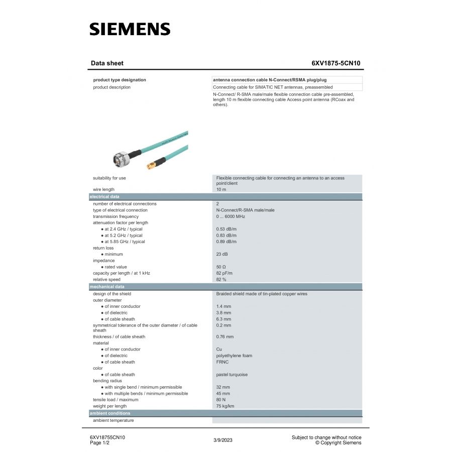 Siemens 6XV1875-5CN10 N-CONNECT/ R-SMA  Anten Bağlantı Kablosu